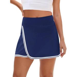 Fisoew Womens Golf Tennis Running Skorts Striped Elastic Waist Skirts Quick Dry Workout Athletic Shorts with Pockets(Navy)