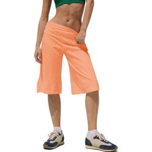 Fisoew Womens High Waisted Bermuda Long Shorts with Pocket Workout Wide Leg Loose Knee Length Shorts Cotton Short Pants 11″(Orange)