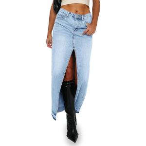 Fisoew Women’s Long Denim Maxi Skirts High Waisted Frayed Hem Western Split Jean Skirt Streetwear(Light Blue)