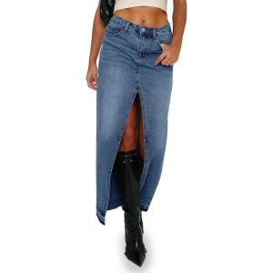 Fisoew Women’s Long Denim Maxi Skirts High Waisted Frayed Hem Western Split Jean Skirt Streetwear(Navy Blue)
