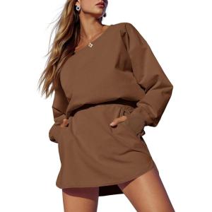 Fisoew Womens Long Sleeve Athletic Dress Backless Keyhole Built-in Shorts Oversized Workout Active Dresses Coffee