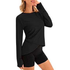 Fisoew Womens Long Sleeve Workout Tops Athletic Compression Shirts Crew Neck Cross Hem Running Yoga Active Shirts(Black)