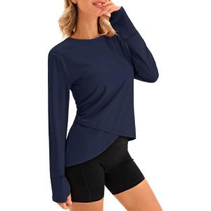 Fisoew Womens Long Sleeve Workout Tops Athletic Compression Shirts Crew Neck Cross Hem Running Yoga Active Shirts(Navy)
