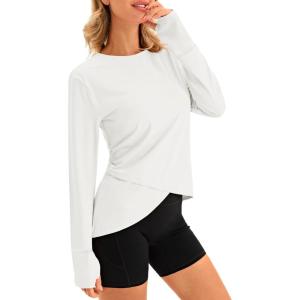 Fisoew Womens Long Sleeve Workout Tops Athletic Compression Shirts Crew Neck Cross Hem Running Yoga Active Shirts(White)