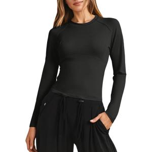 Fisoew Womens Long Sleeve Workout Tops Athletic Shirts Crew Neck Compression Yoga Active T Shirt(Black)