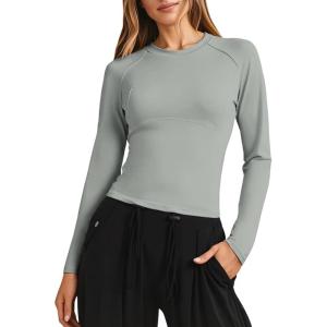 Fisoew Womens Long Sleeve Workout Tops Athletic Shirts Crew Neck Compression Yoga Active T Shirt(Grey)