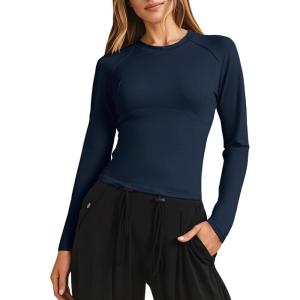 Fisoew Womens Long Sleeve Workout Tops Athletic Shirts Crew Neck Compression Yoga Active T Shirt(Navy)