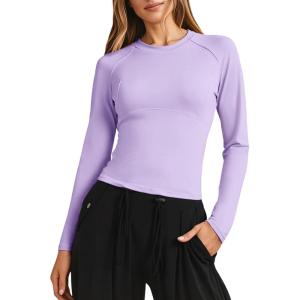 Fisoew Womens Long Sleeve Workout Tops Athletic Shirts Crew Neck Compression Yoga Active T Shirt(Purple)
