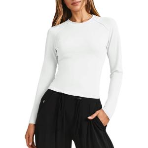 Fisoew Womens Long Sleeve Workout Tops Athletic Shirts Crew Neck Compression Yoga Active T Shirt(White)