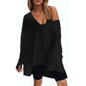 Fisoew Womens Long Sleeve Workout Tops Oversized Activewear Tunic V Neck Atheletic Yoga Shrits with Thumb Holes(Black)