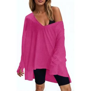 Fisoew Womens Long Sleeve Workout Tops Oversized Activewear Tunic V Neck Atheletic Yoga Shrits with Thumb Holes(Rose Red)
