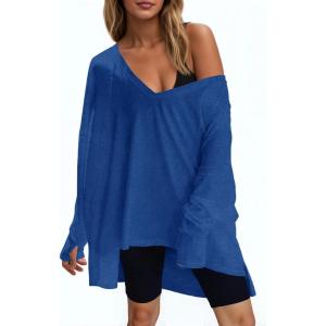 Fisoew Womens Long Sleeve Workout Tops Oversized Activewear Tunic V Neck Atheletic Yoga Shrits with Thumb Holes(Royal Blue)