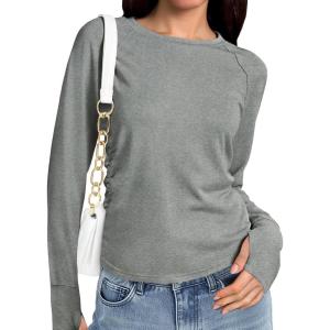 Fisoew Womens Long Sleeve Workout Yoga Tops Fall Crewneck Athletic Running T Shirts with Thumb Holes(Grey)