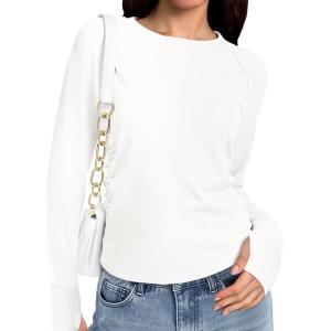 Fisoew Womens Long Sleeve Workout Yoga Tops Fall Crewneck Athletic Running T Shirts with Thumb Holes(White)