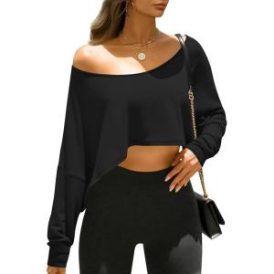 Fisoew Womens Off The Shoulder Cropped Tops Batwing Long Sleeve Loose Fit Summer Boat Neck Workout T Shirts(Black)