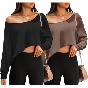 Fisoew Womens Off The Shoulder Cropped Tops Batwing Long Sleeve Loose Fit Summer Boat Neck Workout T Shirts(Black&brown)