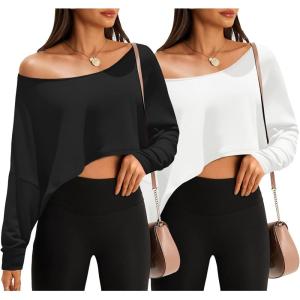 Fisoew Womens Off The Shoulder Cropped Tops Batwing Long Sleeve Loose Fit Summer Boat Neck Workout T Shirts(Black&white)