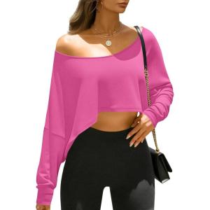 Fisoew Womens Off The Shoulder Cropped Tops Batwing Long Sleeve Loose Fit Summer Boat Neck Workout T Shirts(Bright Pink)