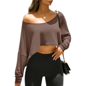 Fisoew Womens Off The Shoulder Cropped Tops Batwing Long Sleeve Loose Fit Summer Boat Neck Workout T Shirts(Brown)