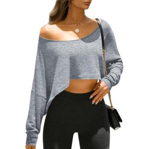 Fisoew Womens Off The Shoulder Cropped Tops Batwing Long Sleeve Loose Fit Summer Boat Neck Workout T Shirts(Grey)