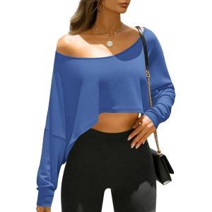 Fisoew Womens Off The Shoulder Cropped Tops Batwing Long Sleeve Loose Fit Summer Boat Neck Workout T Shirts(Navy)