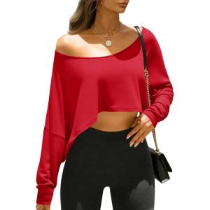 Fisoew Womens Off The Shoulder Cropped Tops Batwing Long Sleeve Loose Fit Summer Boat Neck Workout T Shirts(Red)