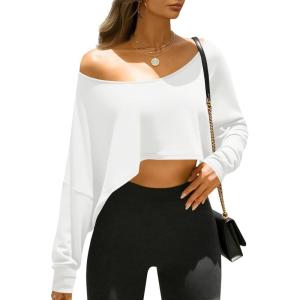 Fisoew Womens Off The Shoulder Cropped Tops Batwing Long Sleeve Loose Fit Summer Boat Neck Workout T Shirts(White)