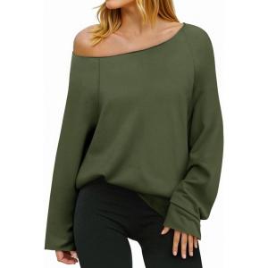 Fisoew Womens Off The Shoulder Tops Sweatshirts Lightweight Oversized Pullovers Long Sleeve Y2k Loose Fit Tunic Tops(Army Green)