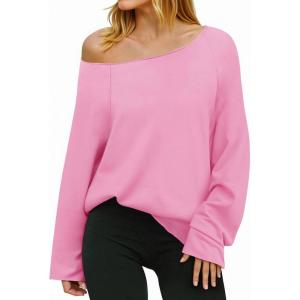 Fisoew Womens Off The Shoulder Tops Sweatshirts Lightweight Oversized Pullovers Long Sleeve Y2k Loose Fit Tunic Tops(Pink)