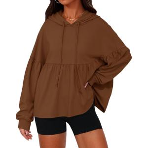 Fisoew Womens Oversized Hoodies Sweatshirts Casual Lantern Long Sleeve Drawstring Peplum Hem Loose Hooded Pullover Tops(Brown)