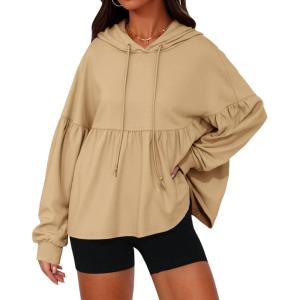 Fisoew Womens Oversized Hoodies Sweatshirts Casual Lantern Long Sleeve Drawstring Peplum Hem Loose Hooded Pullover Tops(Khaki)