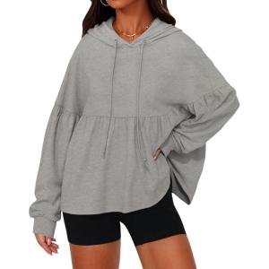 Fisoew Womens Oversized Hoodies Sweatshirts Casual Lantern Long Sleeve Drawstring Peplum Hem Loose Hooded Pullover Tops(Light Grey)