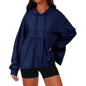 Fisoew Womens Oversized Hoodies Sweatshirts Casual Lantern Long Sleeve Drawstring Peplum Hem Loose Hooded Pullover Tops(Navy)
