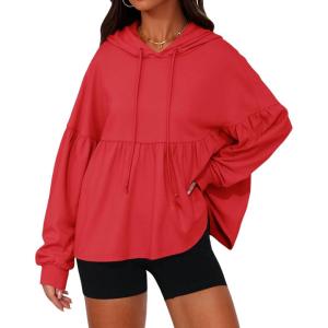 Fisoew Womens Oversized Hoodies Sweatshirts Casual Lantern Long Sleeve Drawstring Peplum Hem Loose Hooded Pullover Tops(Red)