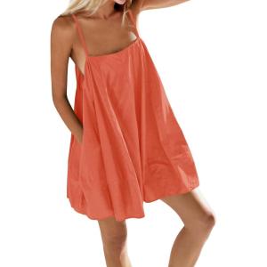 Fisoew Womens Oversized Spaghetti Strap Mini Dress Sleeveless Flowy Casual Summer Dresses(Orange)