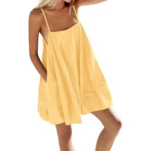 Fisoew Womens Oversized Spaghetti Strap Mini Dress Sleeveless Flowy Casual Summer Dresses(Yellow)