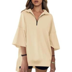 Fisoew Womens Oversized Sweatshirt Casual Zip Up V Neck 3/4 Sleeve High Low Pullover Tunic Tops(Apricot)