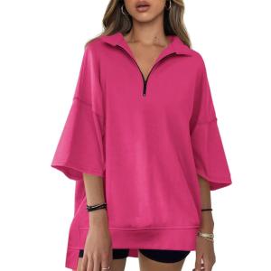 Fisoew Womens Oversized Sweatshirt Casual Zip Up V Neck 3/4 Sleeve High Low Pullover Tunic Tops(Rose Red)