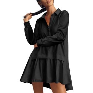 Fisoew Womens Oversized Sweatshirt Dress Long Sleeve V Neck Patchwork Casual Pullover Tops Loose Fit Mini Dresses(Black)