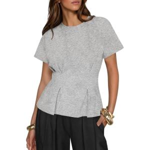 Fisoew Womens Peplum Tops Short Sleeve Babydoll Summer T Shirts Casual Crop Crew Neck Pleated Blouses Grey