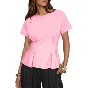 Fisoew Womens Peplum Tops Short Sleeve Babydoll Summer T Shirts Casual Crop Crew Neck Pleated Blouses(Pink)