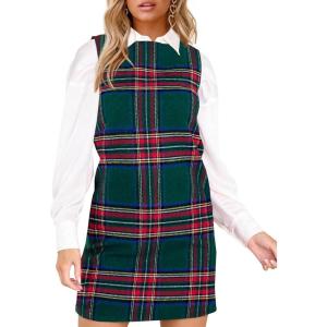 Fisoew Women’s Plaid Christmas Dress Mini Sleeveless Round Neck A Line Short Xmas Party Dresses(Green)