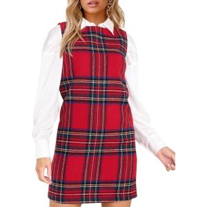 Fisoew Women’s Plaid Christmas Dress Mini Sleeveless Round Neck A Line Short Xmas Party Dresses(Red)