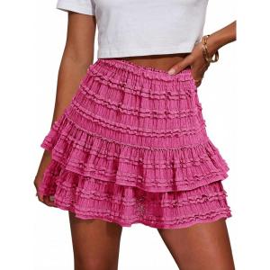 Fisoew Womens Ruffle Mini Skirt Casual High Waist Tiered Flowy Boho Skirts Summer Golf Tennis Skorts(Rose Red)