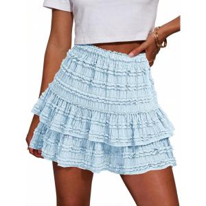 Fisoew Womens Ruffle Mini Skirt Casual High Waist Tiered Flowy Boho Skirts Summer Golf Tennis Skorts(Sky Blue)