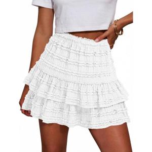Fisoew Womens Ruffle Mini Skirt Casual High Waist Tiered Flowy Boho Skirts Summer Golf Tennis Skorts(White)