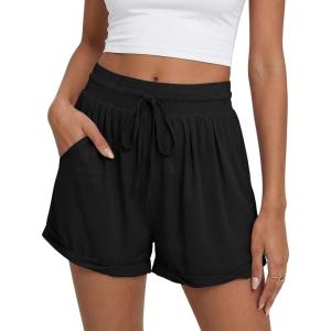 Fisoew Womens Running Shorts Lightweight Color Block High Waisted Drawstring Workout Yoga Athletic Shorts Pockets(Black)