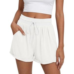 Fisoew Womens Running Shorts Lightweight Color Block High Waisted Drawstring Workout Yoga Athletic Shorts Pockets(White)