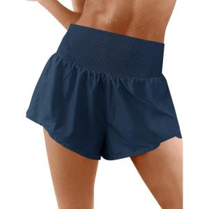 Fisoew Womens Running Shorts Workout Elastic High Waisted Loose Fit 2 in 1 Gym Yoga Biker Shorts(Navy)