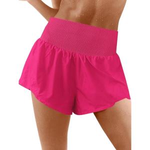 Fisoew Womens Running Shorts Workout Elastic High Waisted Loose Fit 2 in 1 Gym Yoga Biker Shorts(Rose Red)
